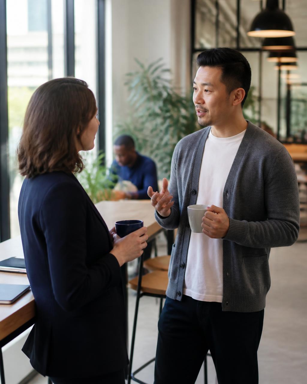 Two professionals in an informal standing conversation with coffee in a bright workspace