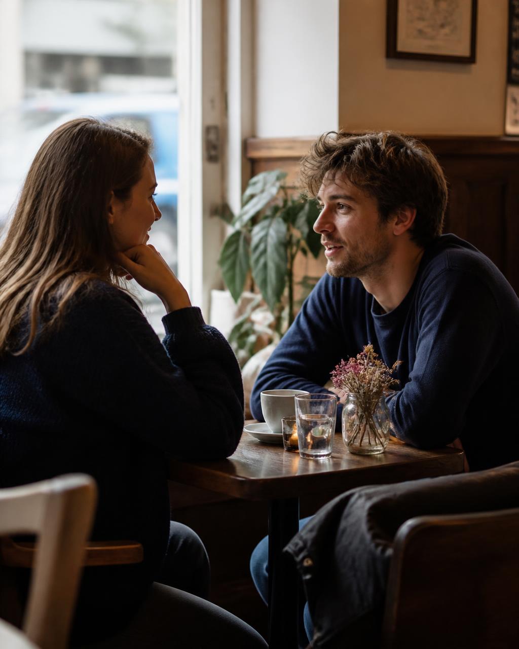 Two people talking across a small café table at the start of a connection