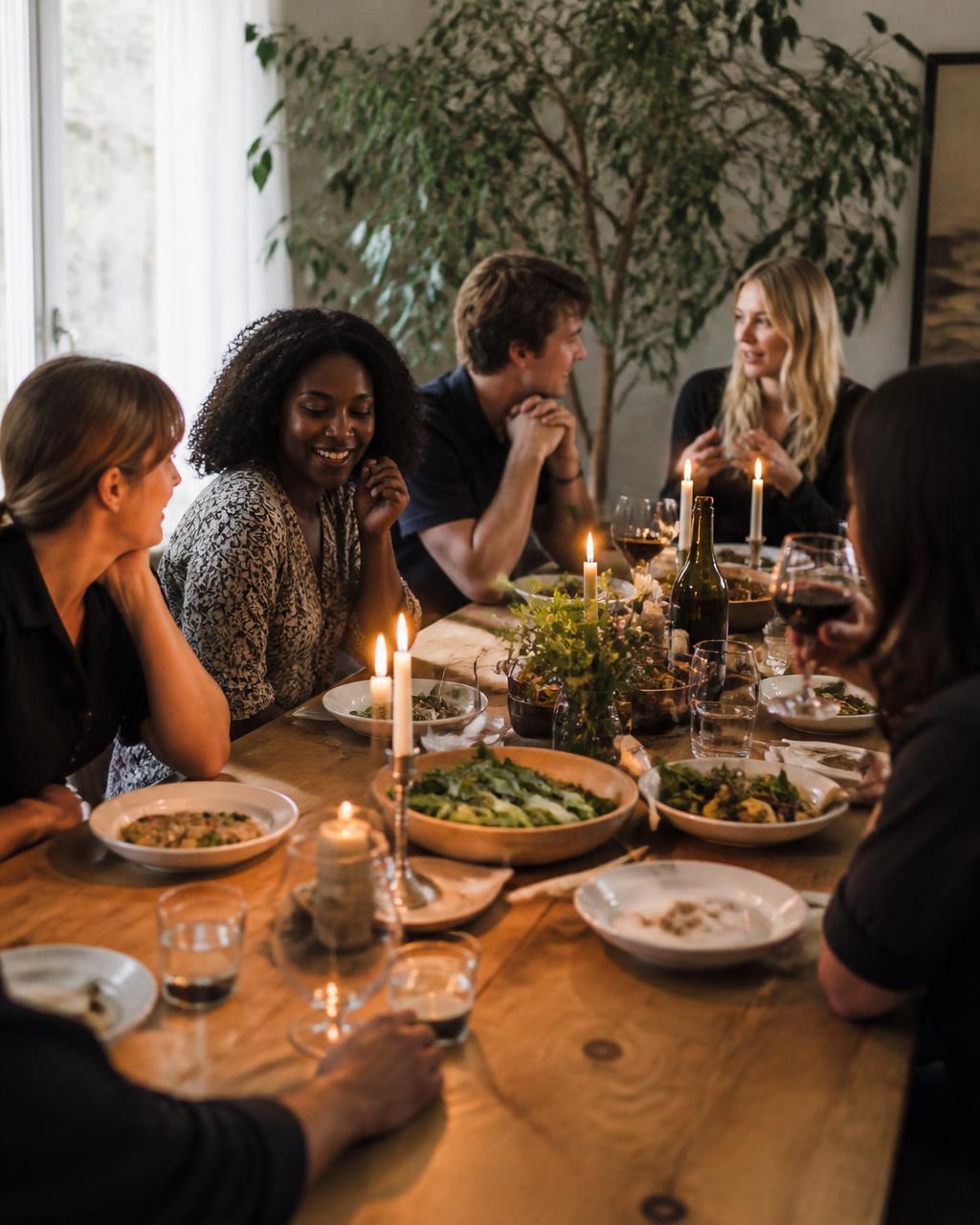 Six people sharing a candlelit dinner around a long wooden table, mid-conversation